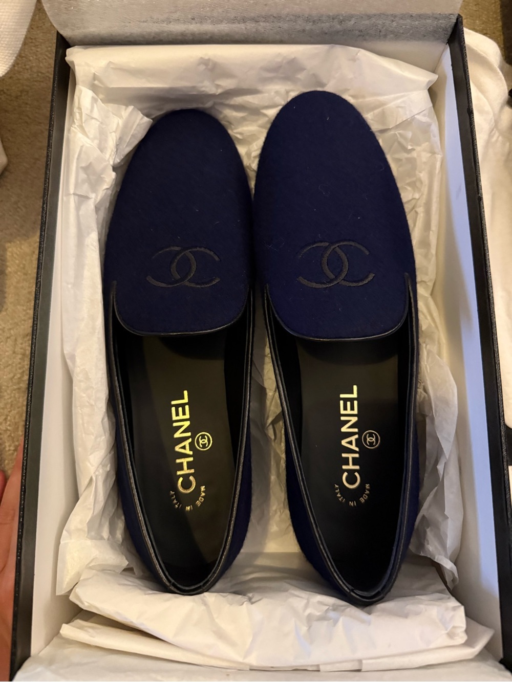CHANEL Navy Wool CC Logo Loafers with Black Trim
